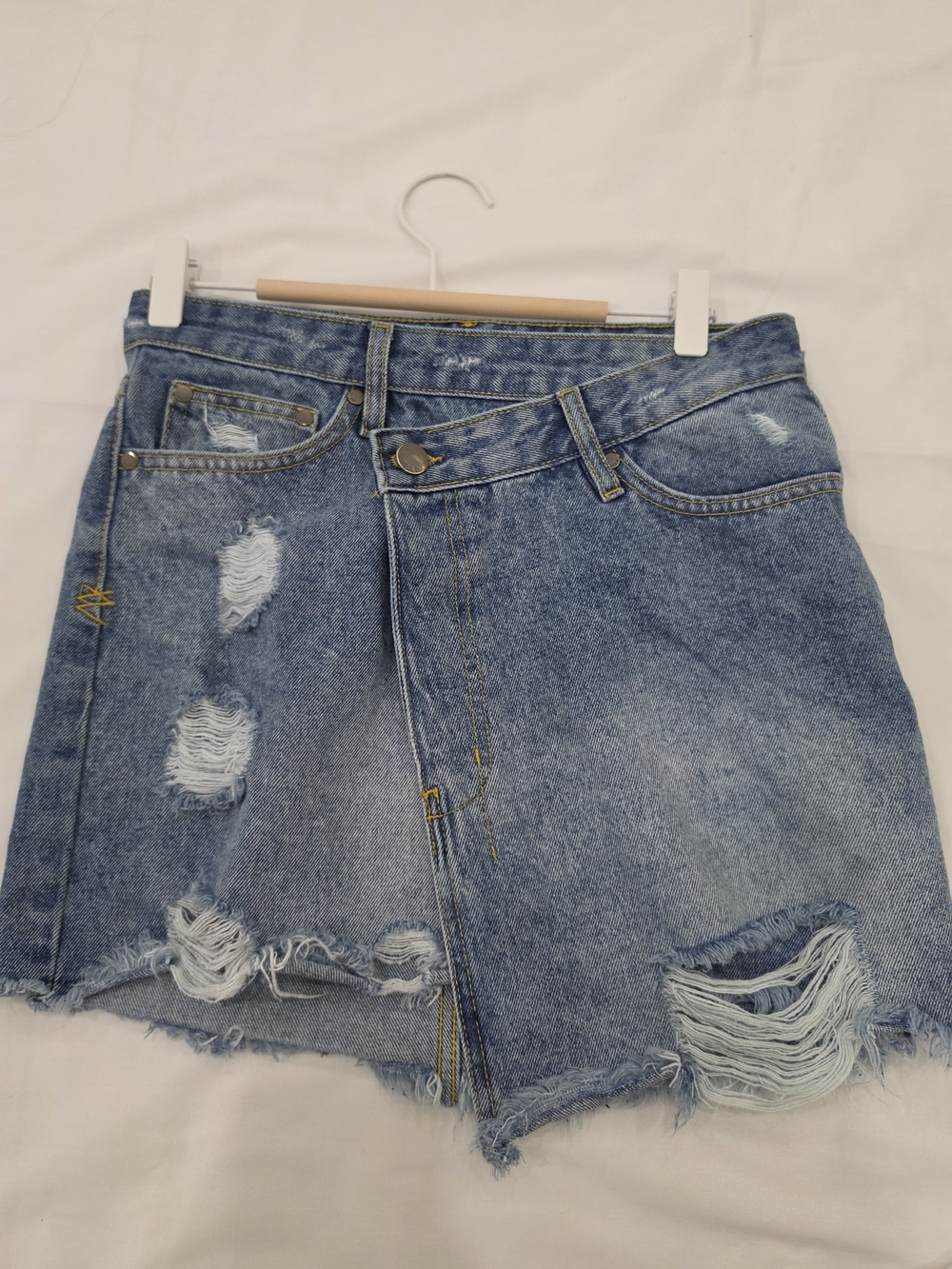 Elan Distressed Light Blue Denim Mini Skirt